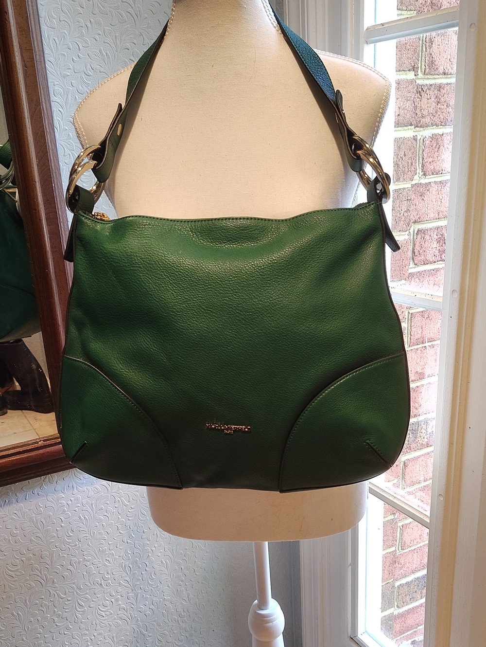 Authentic Karl Lagerfeld Green Leather Shoulder Bag With Gold Buckles